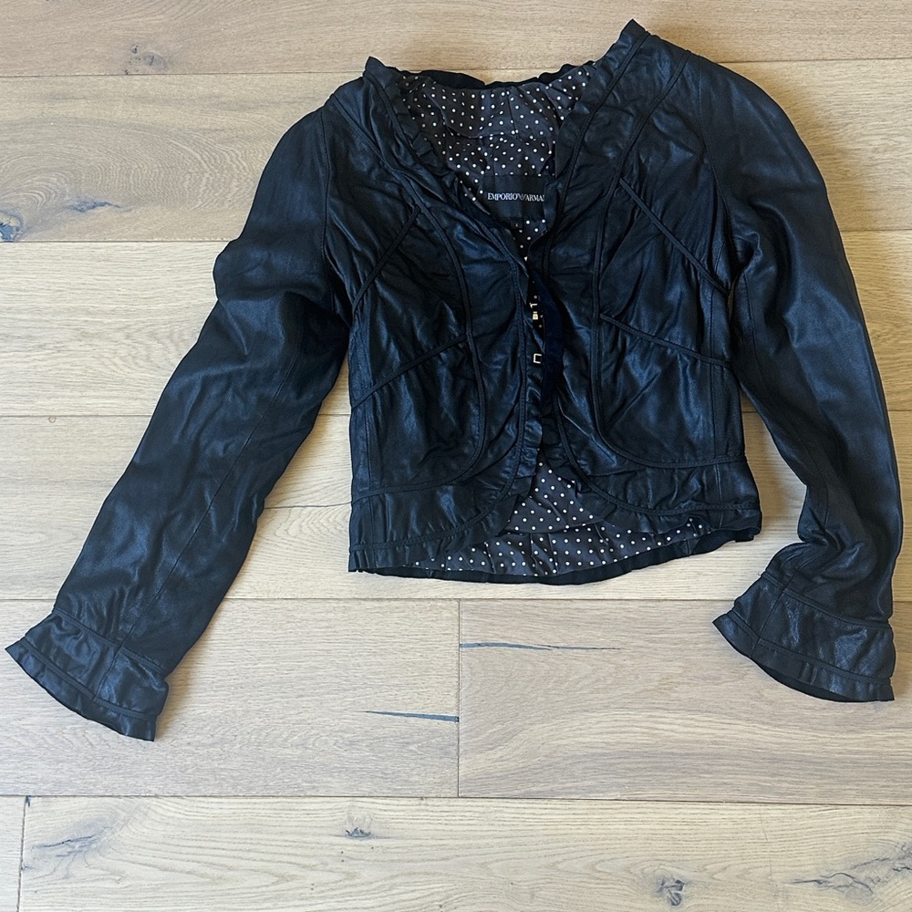 Emporio Armani Black Leather Ruffled Crop Jacket